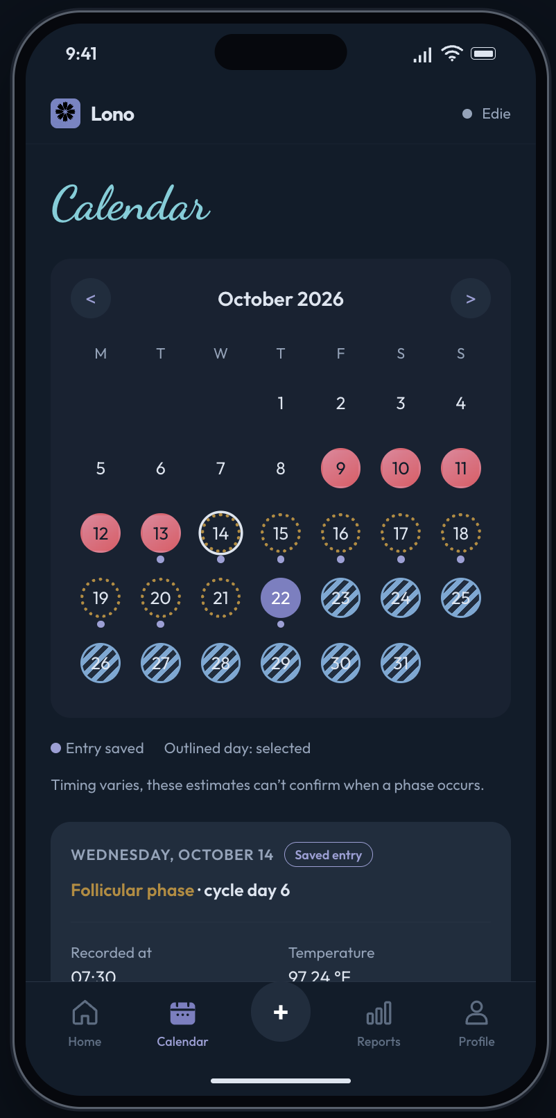 Lono calendar with recorded entries and cycle context