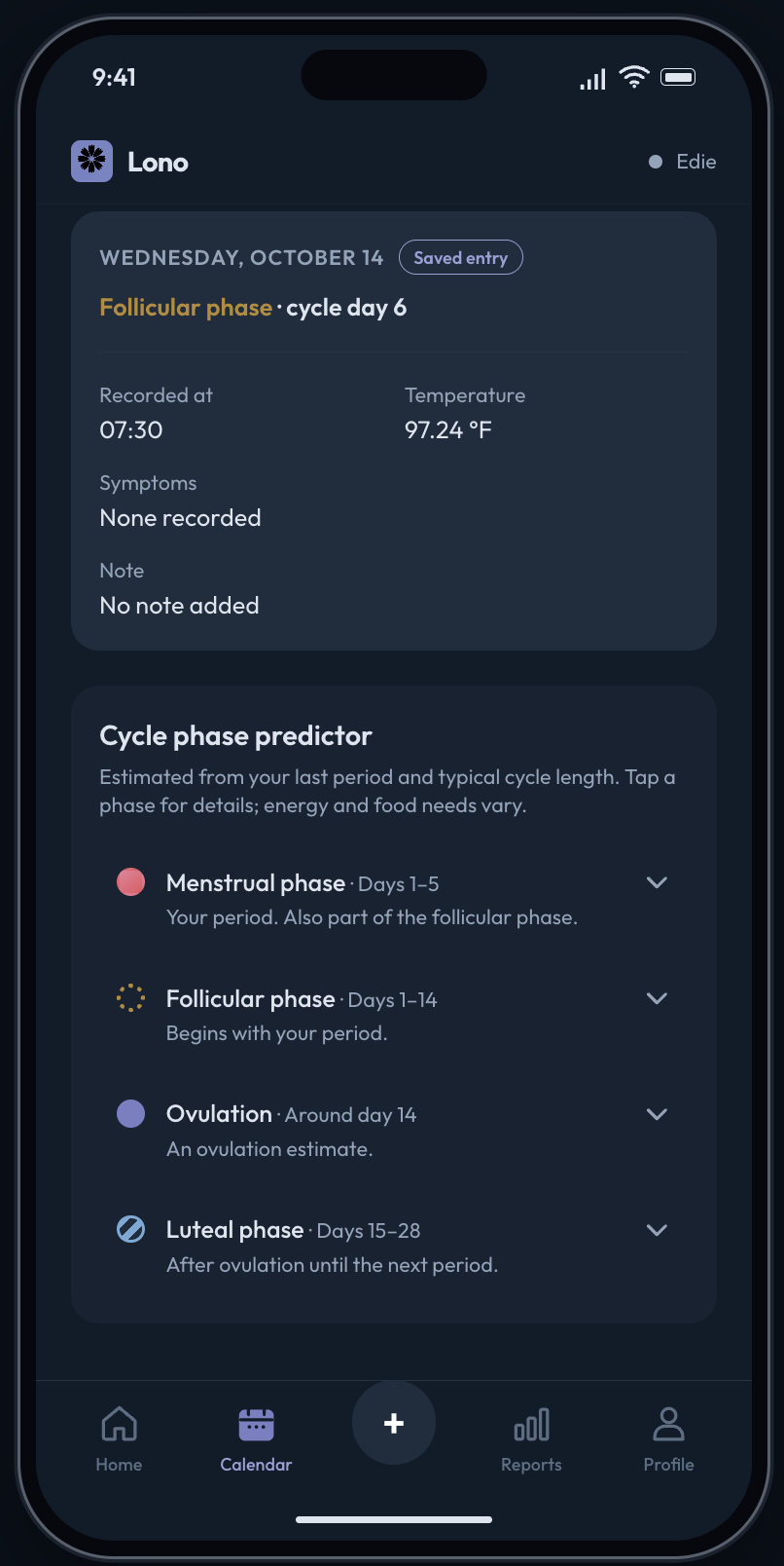 Lono selected-day details and cycle phase information