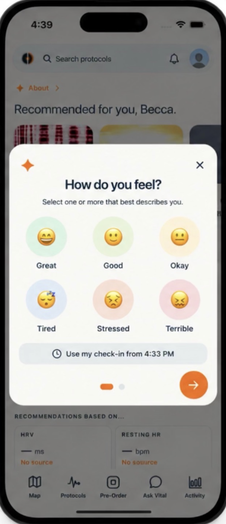 Vital Element mood check-in interface
